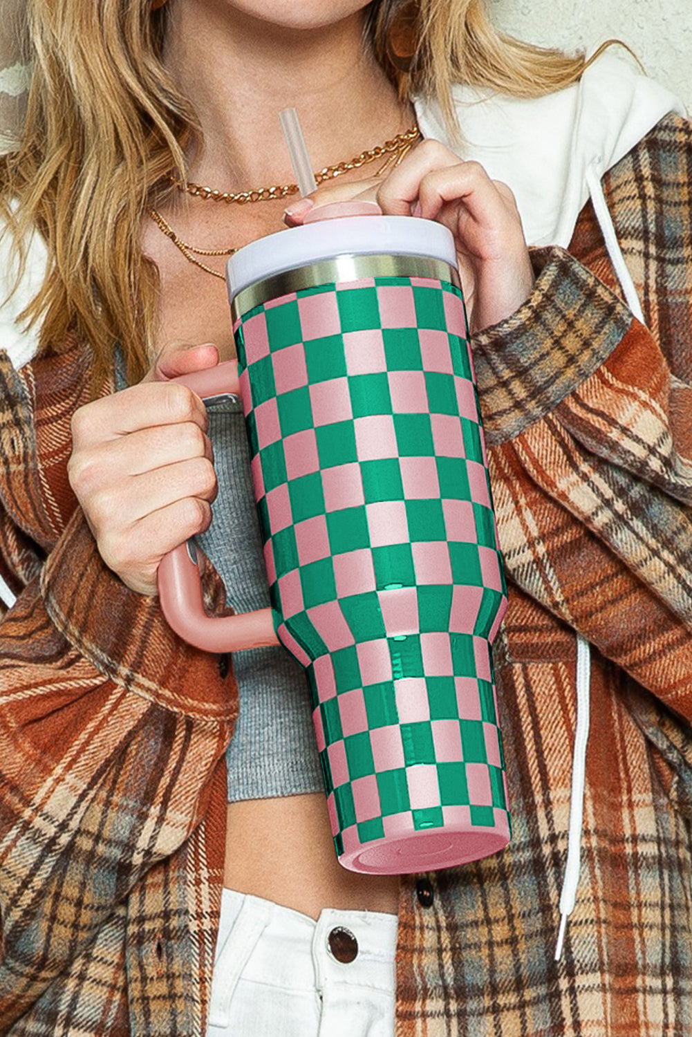 Blackish Green Checkered Print 40oz Tumbler Cup - MAD RUFFI