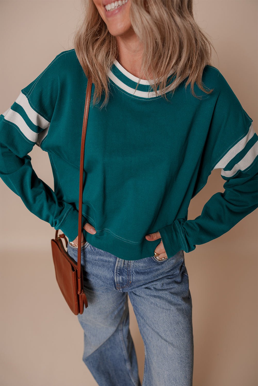 Blackish Green Contrast Striped Patchwork Drop Shoulder Sweatshirt - MAD RUFFI