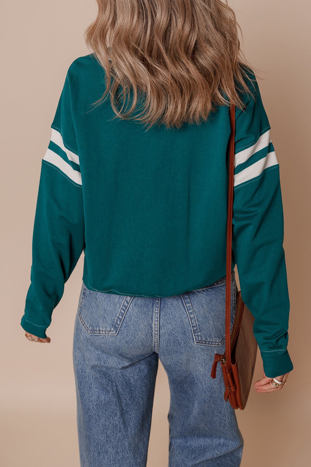Blackish Green Contrast Striped Patchwork Drop Shoulder Sweatshirt - MAD RUFFI