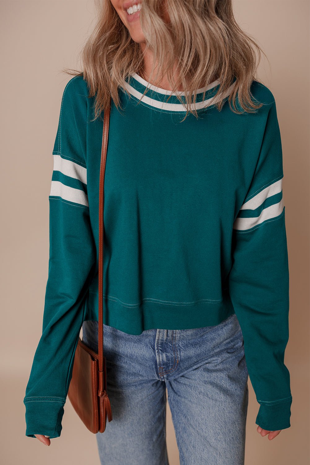 Blackish Green Contrast Striped Patchwork Drop Shoulder Sweatshirt - MAD RUFFI