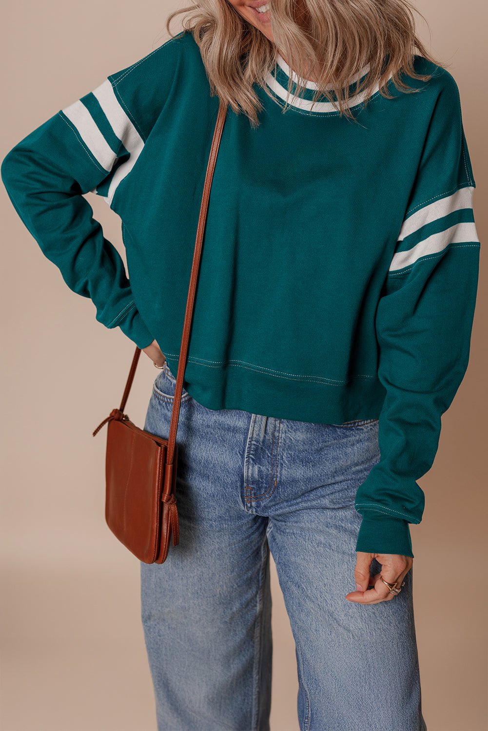 Blackish Green Contrast Striped Patchwork Drop Shoulder Sweatshirt - MAD RUFFI