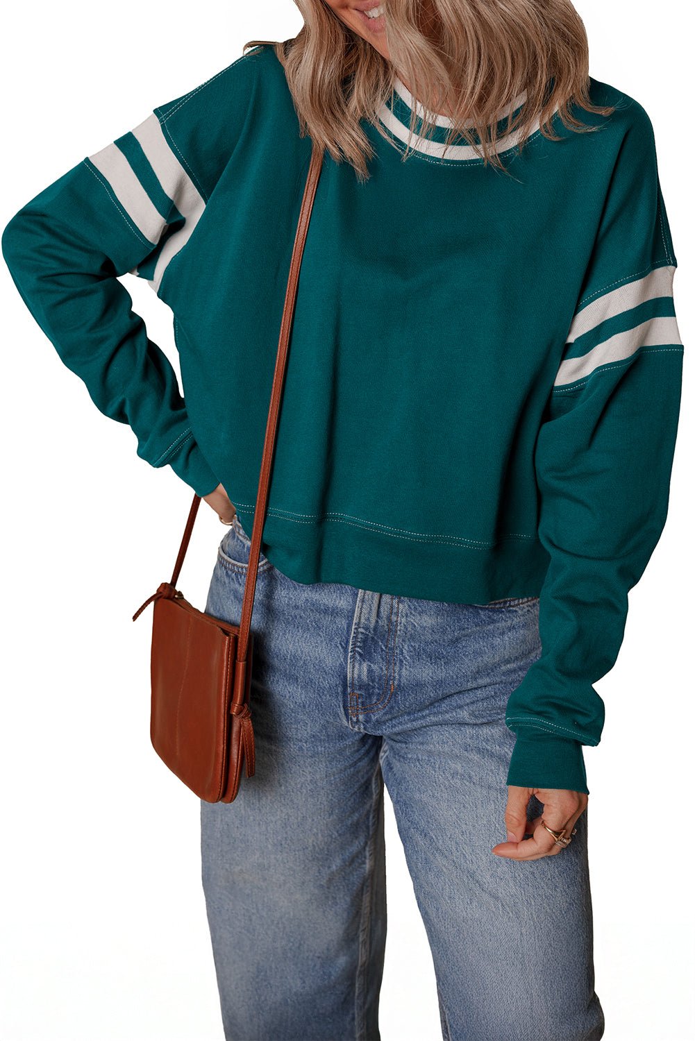 Blackish Green Contrast Striped Patchwork Drop Shoulder Sweatshirt - MAD RUFFI