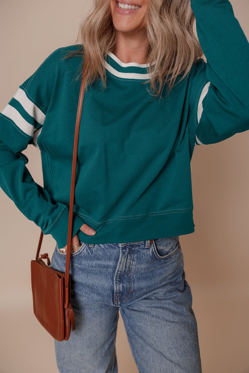 Blackish Green Contrast Striped Patchwork Drop Shoulder Sweatshirt - MAD RUFFI