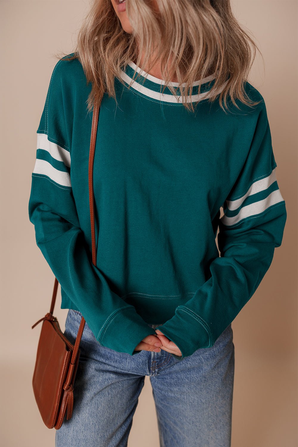 Blackish Green Contrast Striped Patchwork Drop Shoulder Sweatshirt - MAD RUFFI