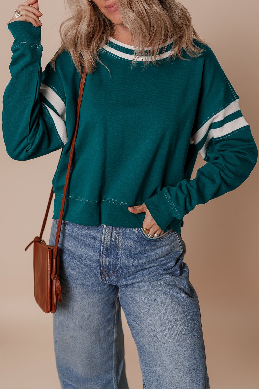 Blackish Green Contrast Striped Patchwork Drop Shoulder Sweatshirt - MAD RUFFI
