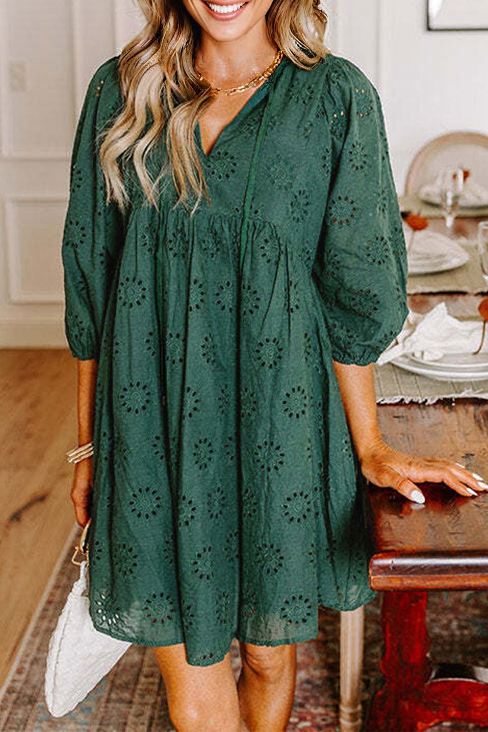 Blackish Green Embroidered Eyelet Pattern Puff Sleeve Mini Dress - MAD RUFFI