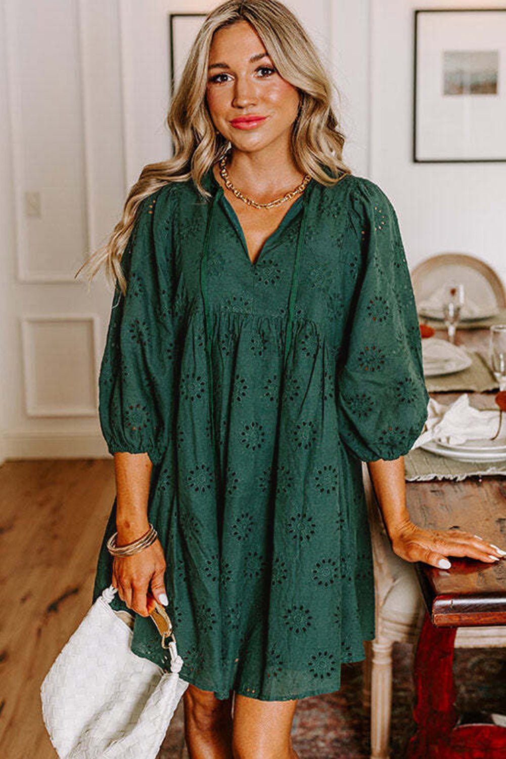 Blackish Green Embroidered Eyelet Pattern Puff Sleeve Mini Dress - MAD RUFFI