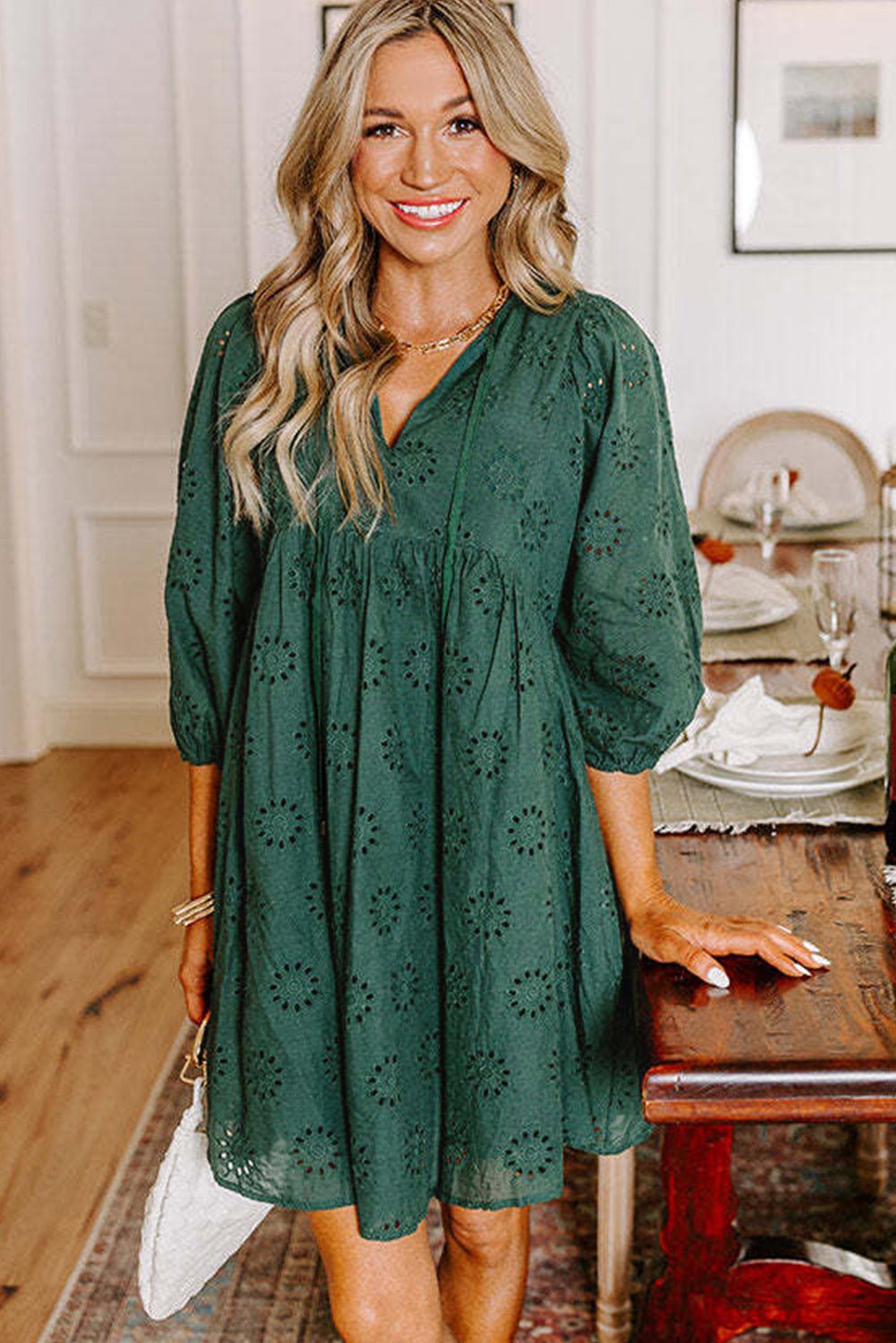 Blackish Green Embroidered Eyelet Pattern Puff Sleeve Mini Dress - MAD RUFFI