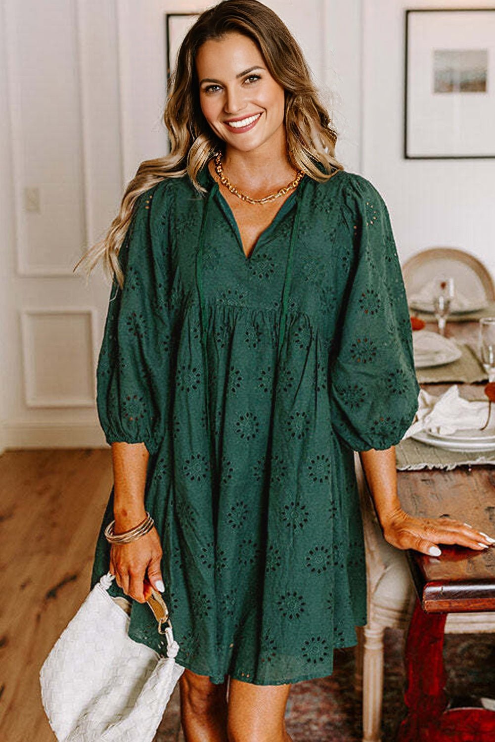 Blackish Green Embroidered Eyelet Pattern Puff Sleeve Mini Dress - MAD RUFFI