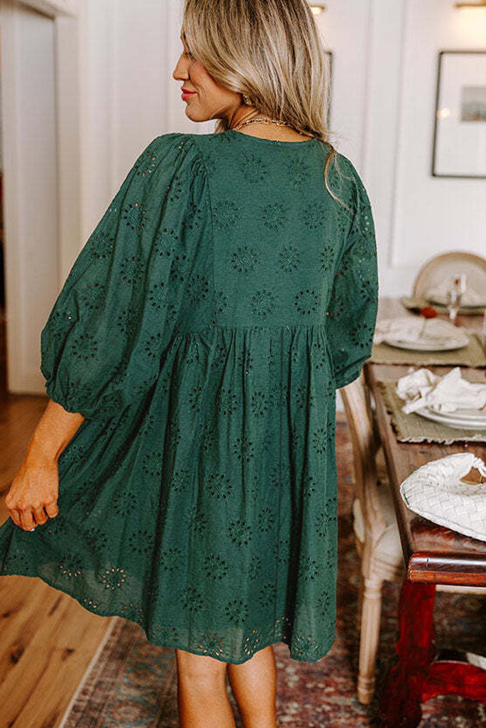 Blackish Green Embroidered Eyelet Pattern Puff Sleeve Mini Dress - MAD RUFFI