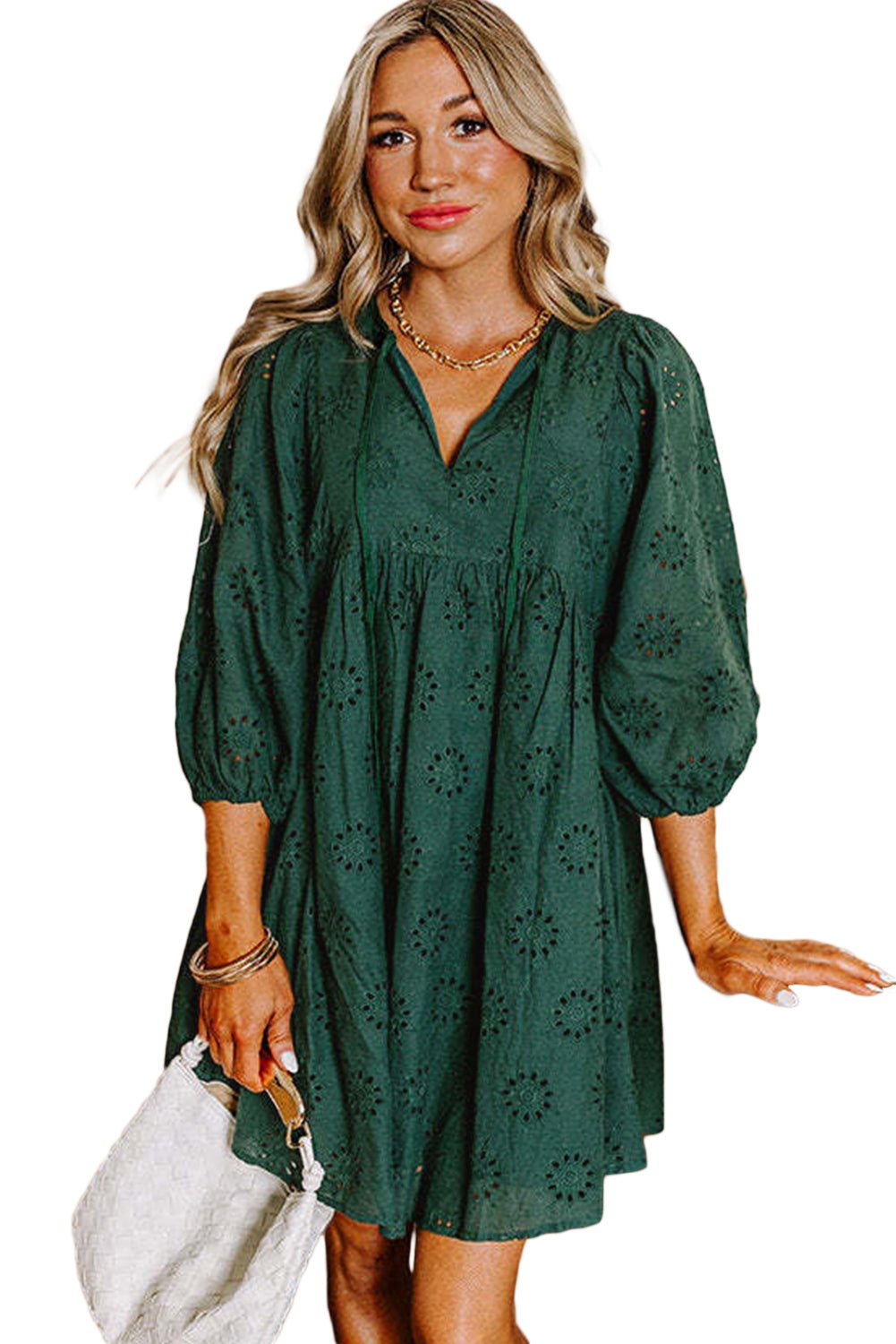 Blackish Green Embroidered Eyelet Pattern Puff Sleeve Mini Dress - MAD RUFFI