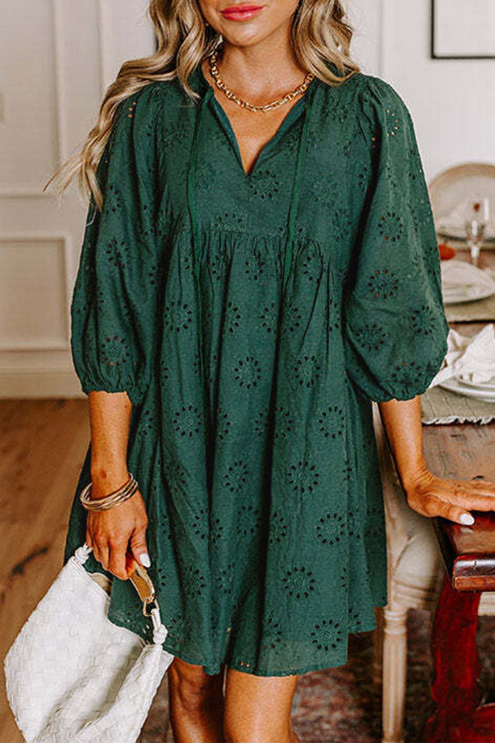 Blackish Green Embroidered Eyelet Pattern Puff Sleeve Mini Dress - MAD RUFFI