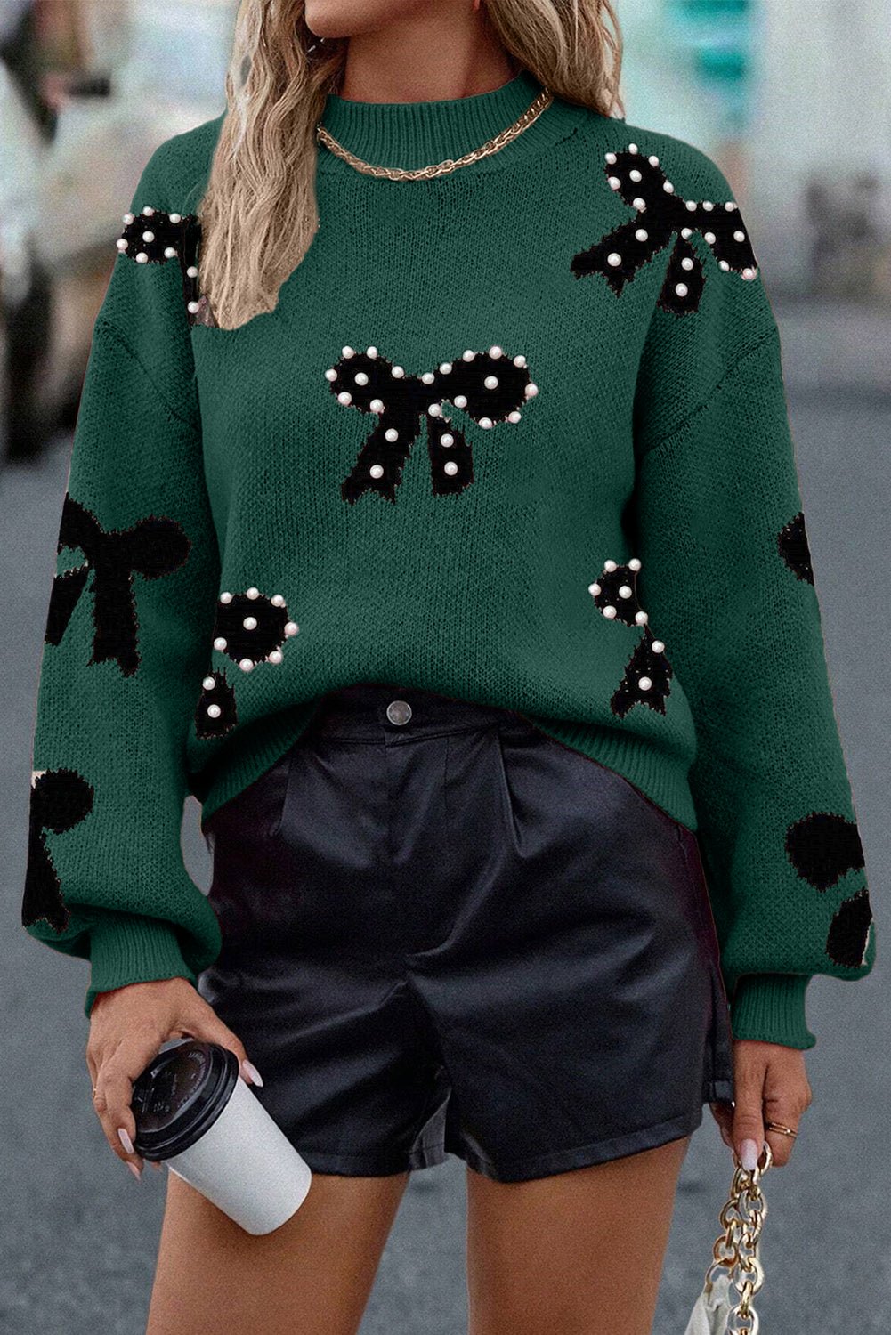 Blackish Green Pearl Embellished Bow Pattern Loose Sweater - MAD RUFFI