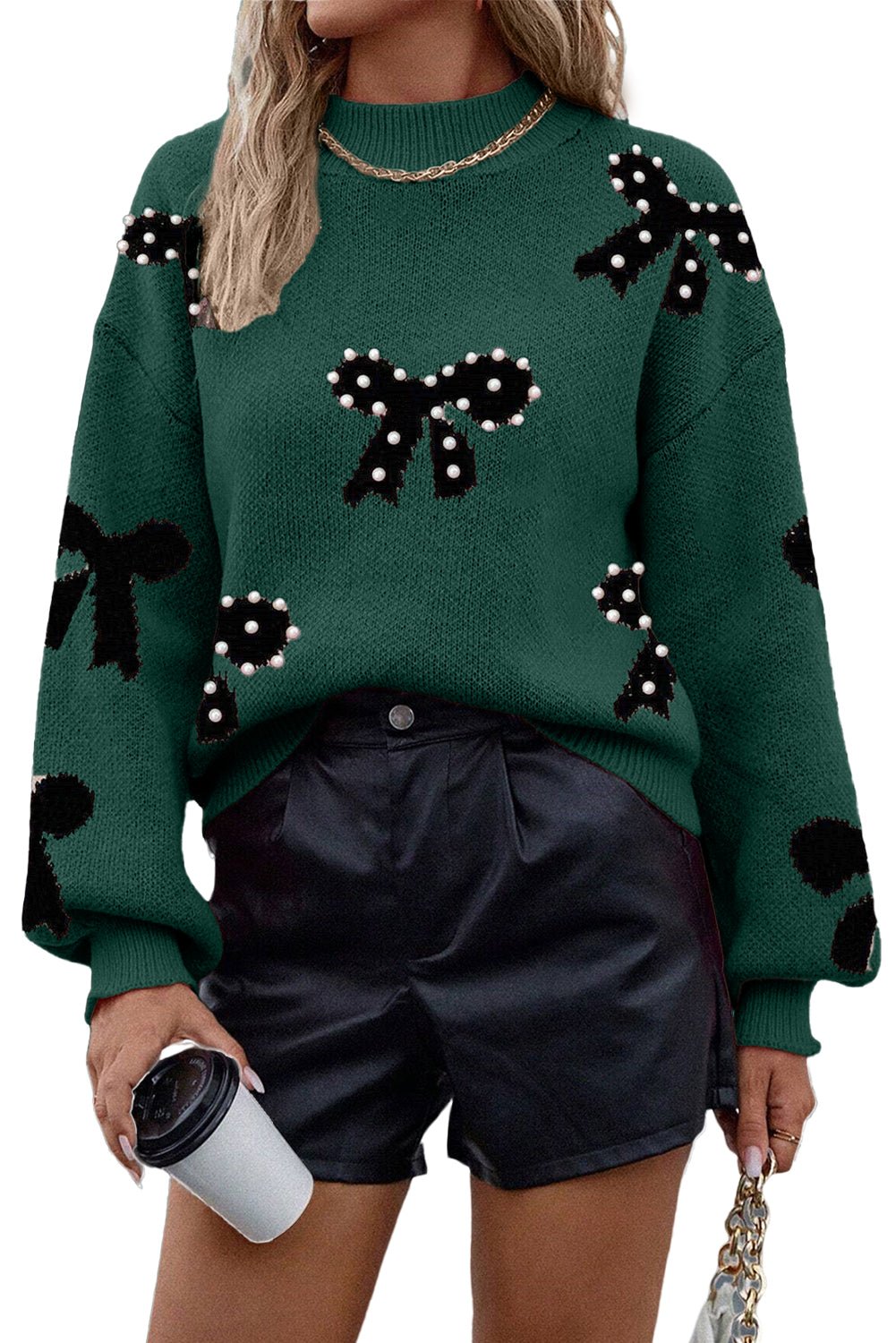 Blackish Green Pearl Embellished Bow Pattern Loose Sweater - MAD RUFFI
