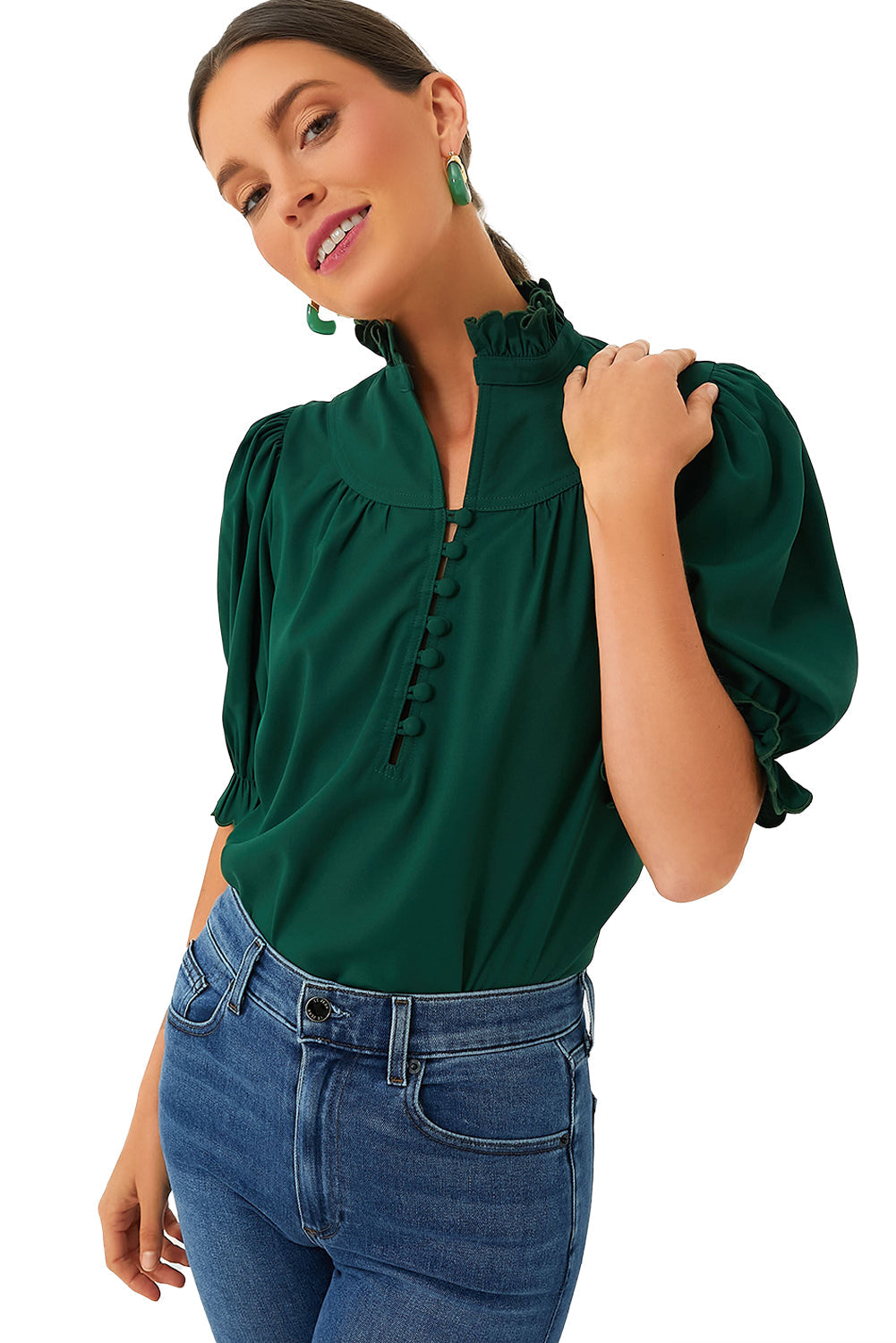 Blackish Green Plain Puff Sleeve Frill Trim Blouse - MAD RUFFI