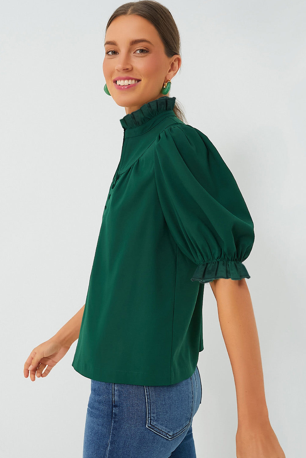 Blackish Green Plain Puff Sleeve Frill Trim Blouse - MAD RUFFI