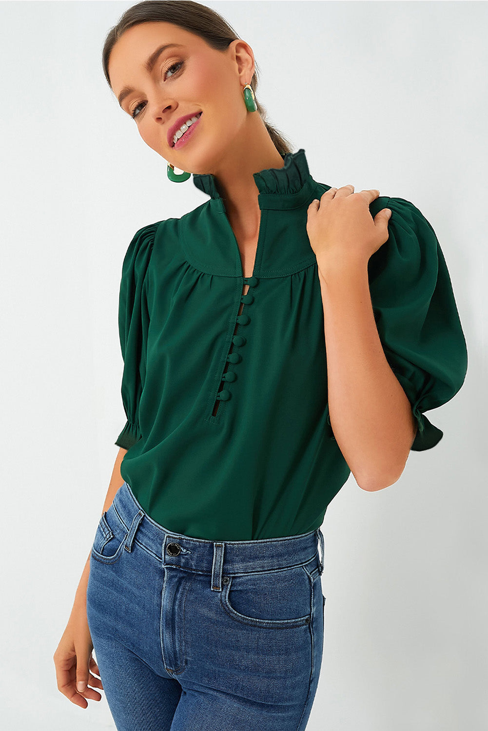 Blackish Green Plain Puff Sleeve Frill Trim Blouse - MAD RUFFI