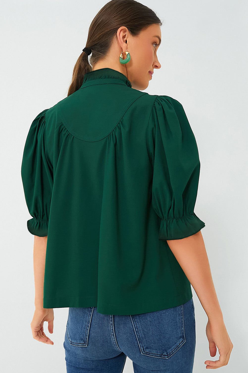 Blackish Green Plain Puff Sleeve Frill Trim Blouse - MAD RUFFI