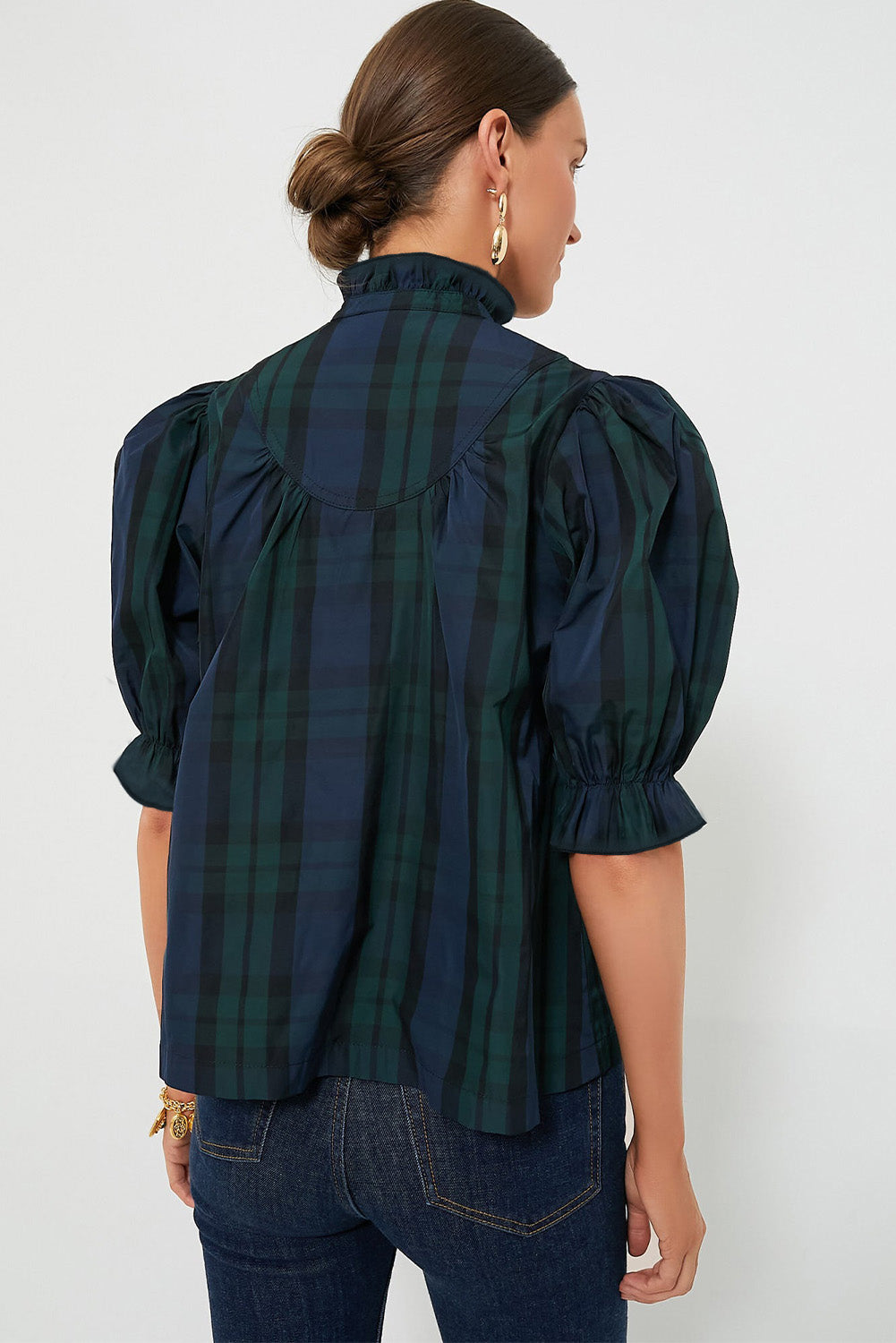 Blackish Green Plain Puff Sleeve Frill Trim Blouse - MAD RUFFI