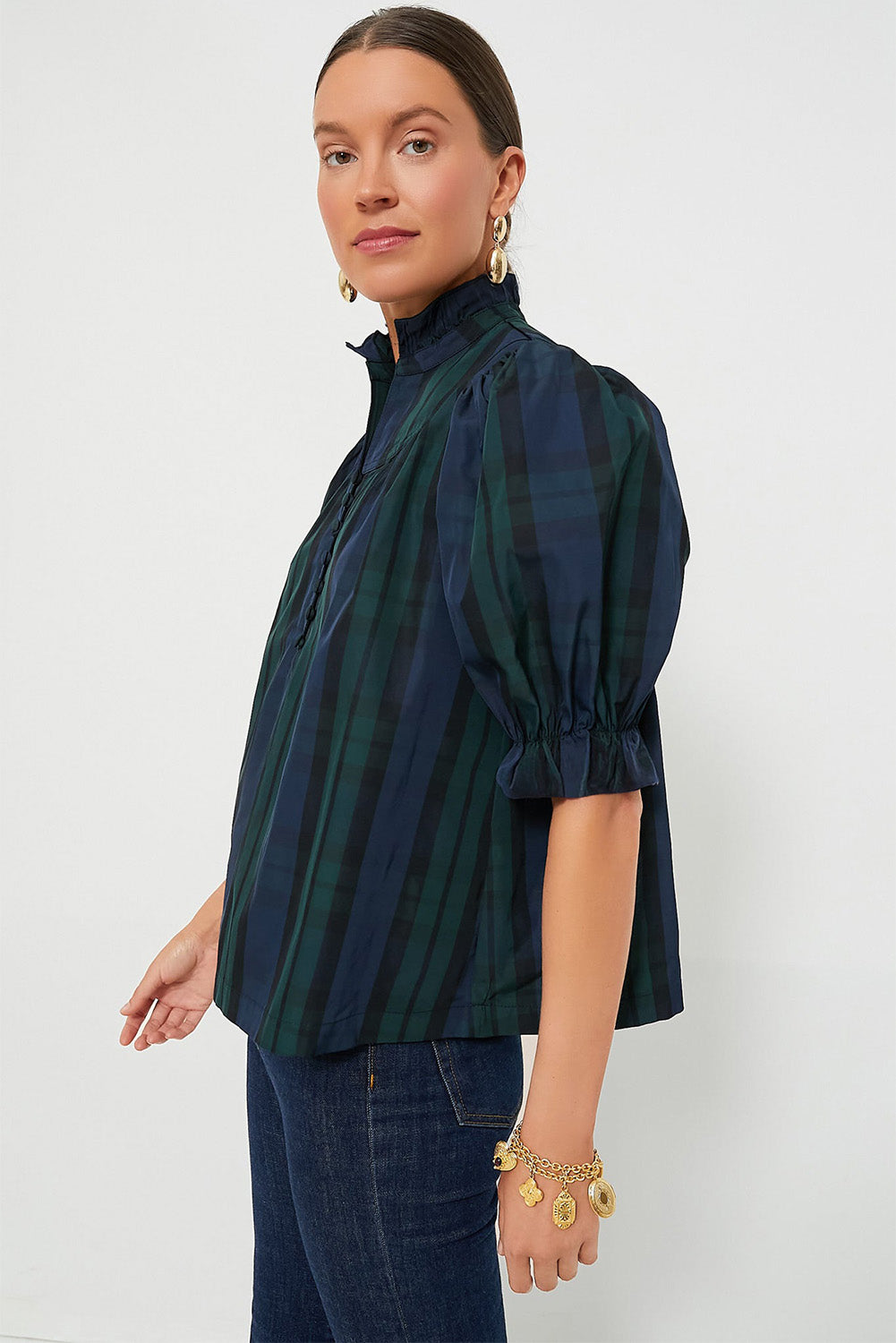 Blackish Green Plain Puff Sleeve Frill Trim Blouse - MAD RUFFI