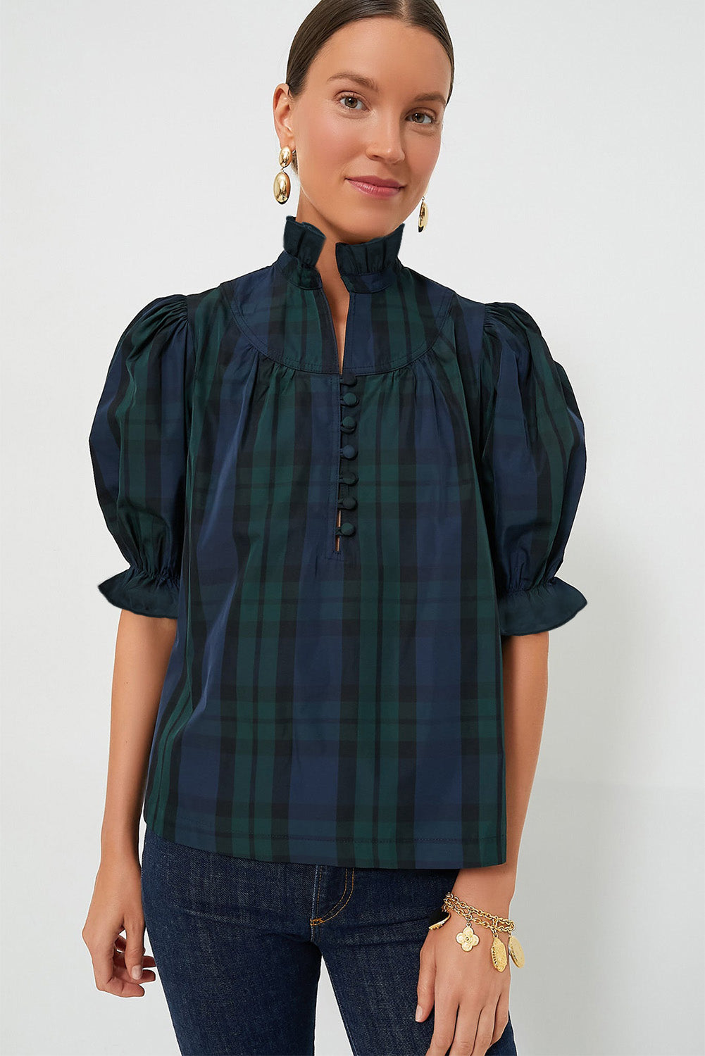 Blackish Green Plain Puff Sleeve Frill Trim Blouse - MAD RUFFI