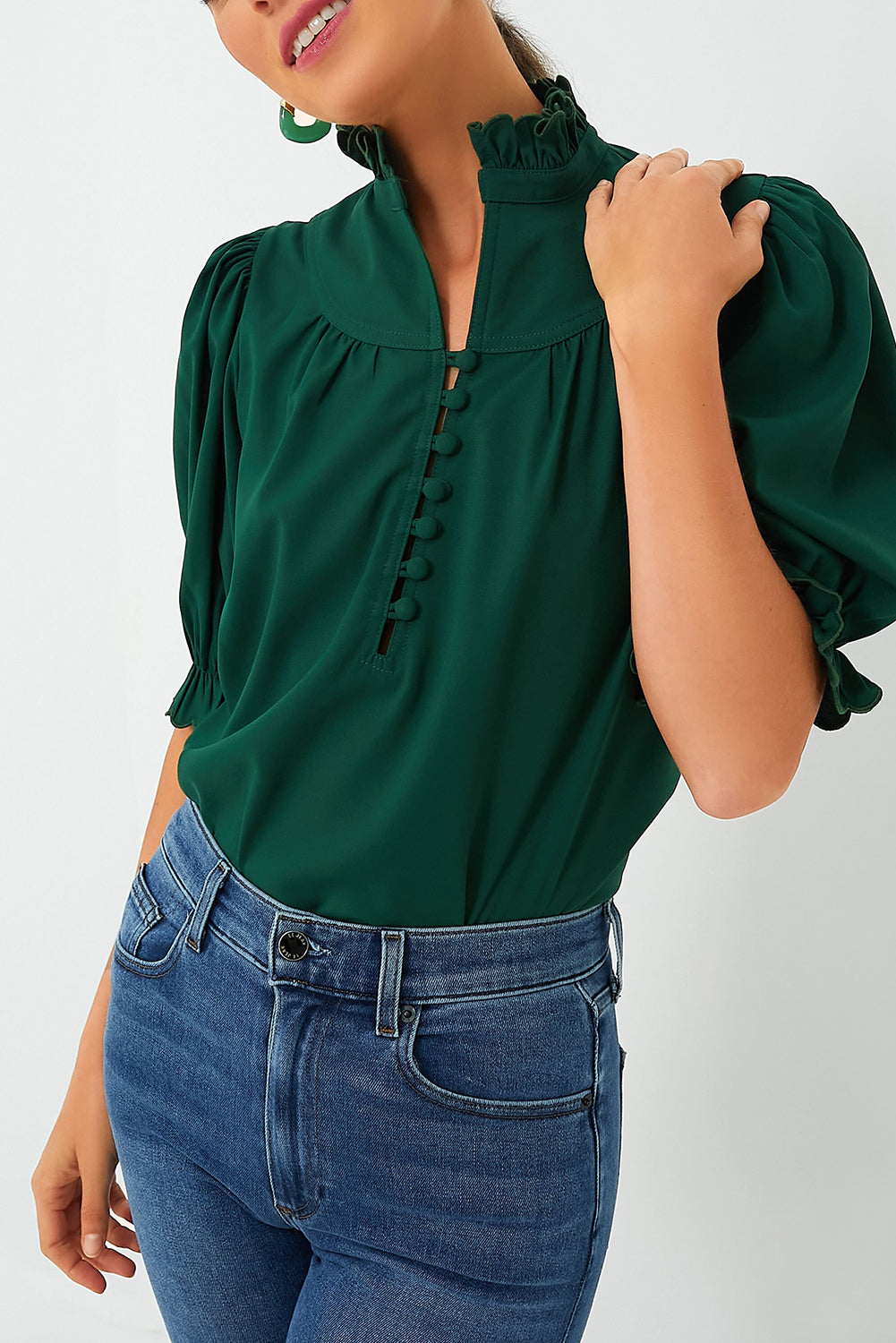 Blackish Green Plain Puff Sleeve Frill Trim Blouse - MAD RUFFI