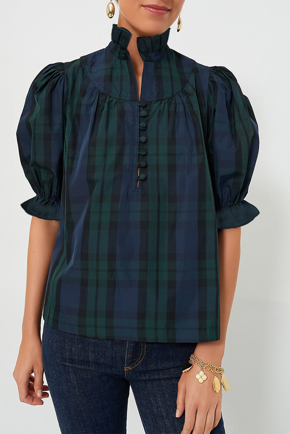 Blackish Green Plain Puff Sleeve Frill Trim Blouse - MAD RUFFI