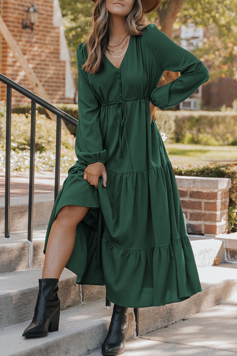 Blackish Green Solid Long Sleeve Button V Neck Tiered Maxi Dress - MAD RUFFI