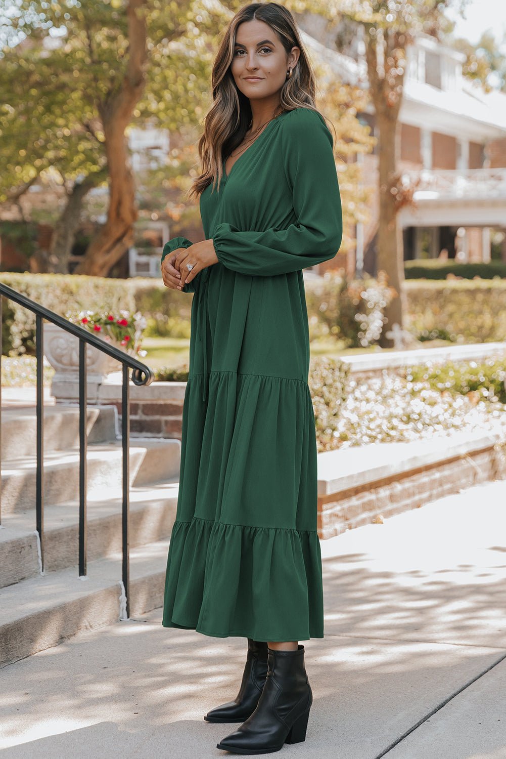 Blackish Green Solid Long Sleeve Button V Neck Tiered Maxi Dress - MAD RUFFI