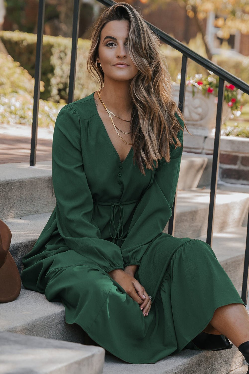 Blackish Green Solid Long Sleeve Button V Neck Tiered Maxi Dress - MAD RUFFI