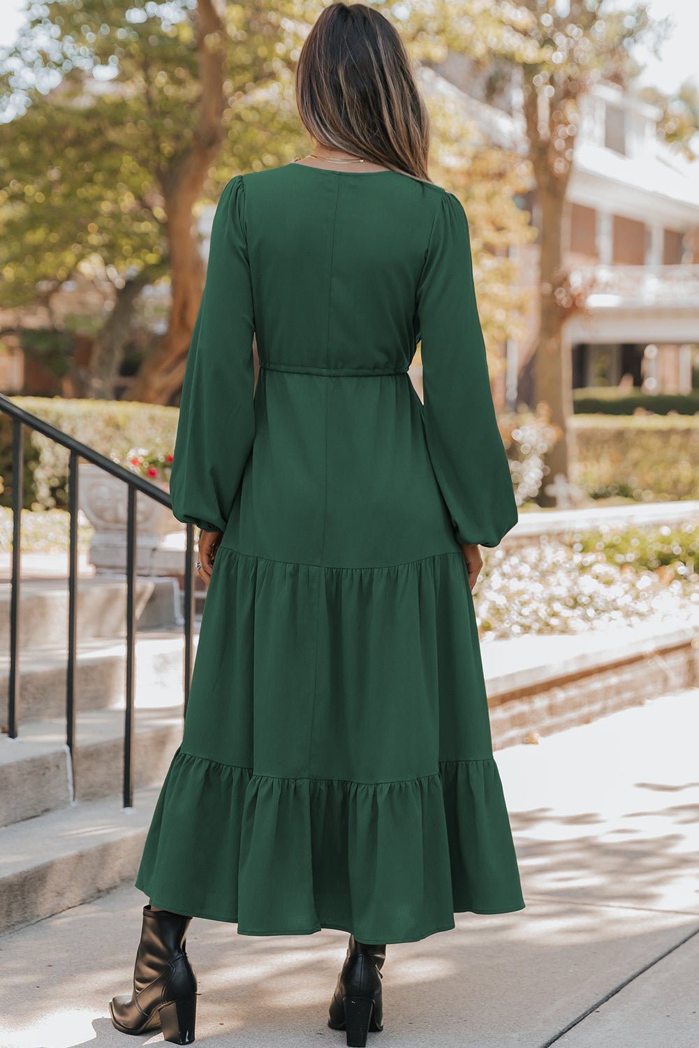 Blackish Green Solid Long Sleeve Button V Neck Tiered Maxi Dress - MAD RUFFI