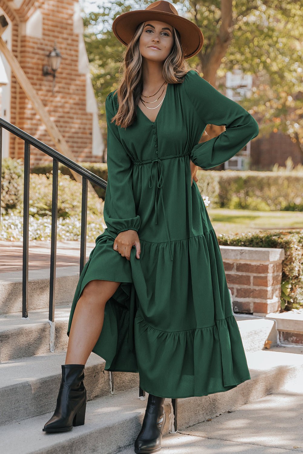 Blackish Green Solid Long Sleeve Button V Neck Tiered Maxi Dress - MAD RUFFI