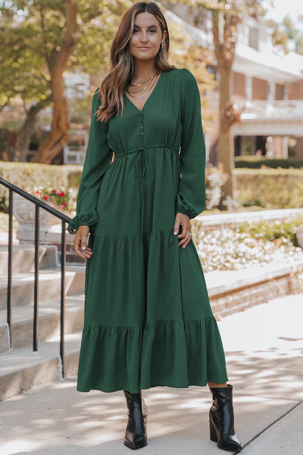Blackish Green Solid Long Sleeve Button V Neck Tiered Maxi Dress - MAD RUFFI