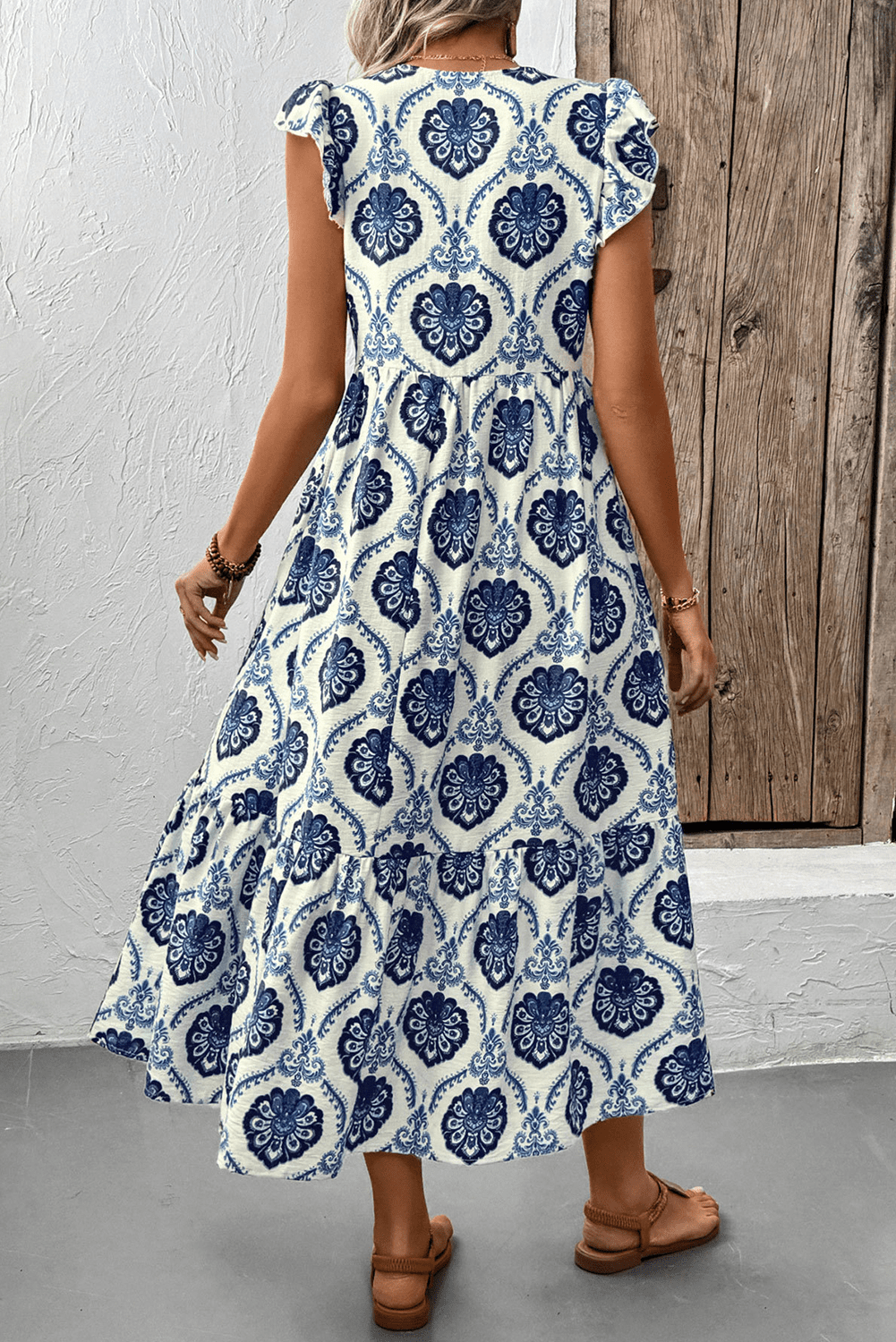 Blue Abstract Print Ruffle High Waist Midi Dress - MAD RUFFI