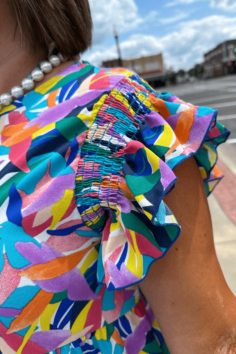 Blue Abstract Print Ruffle Sleeve Plus Size Tiered Maxi Dress - MAD RUFFI