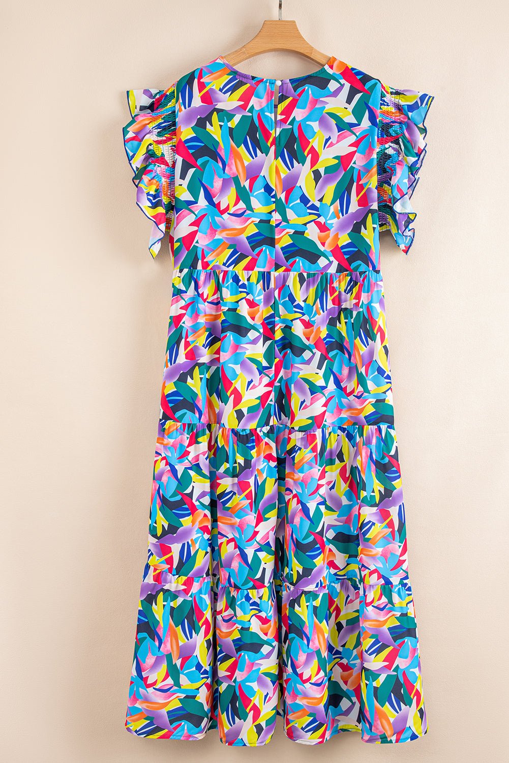 Blue Abstract Print Ruffle Sleeve Plus Size Tiered Maxi Dress - MAD RUFFI