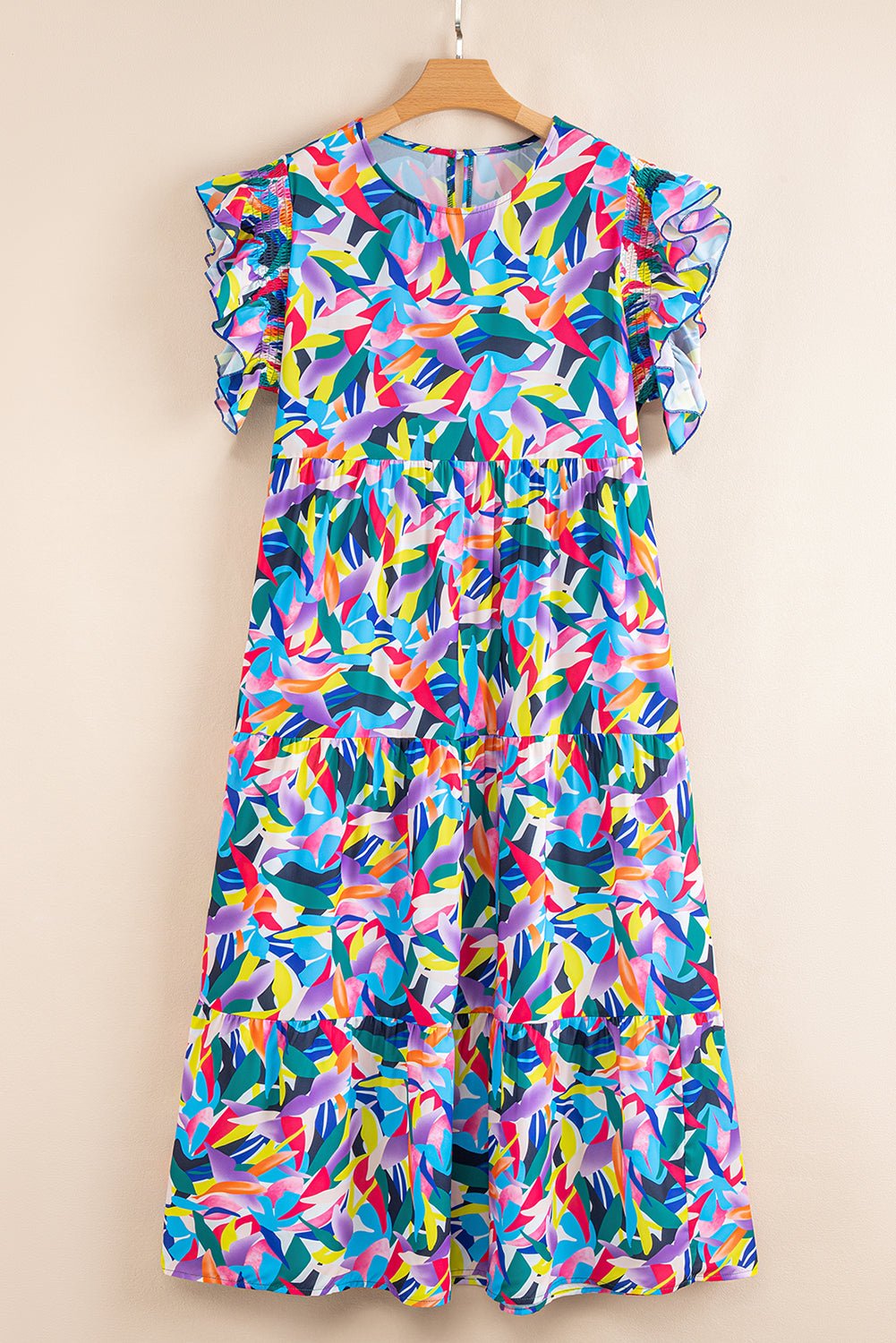 Blue Abstract Print Ruffle Sleeve Plus Size Tiered Maxi Dress - MAD RUFFI