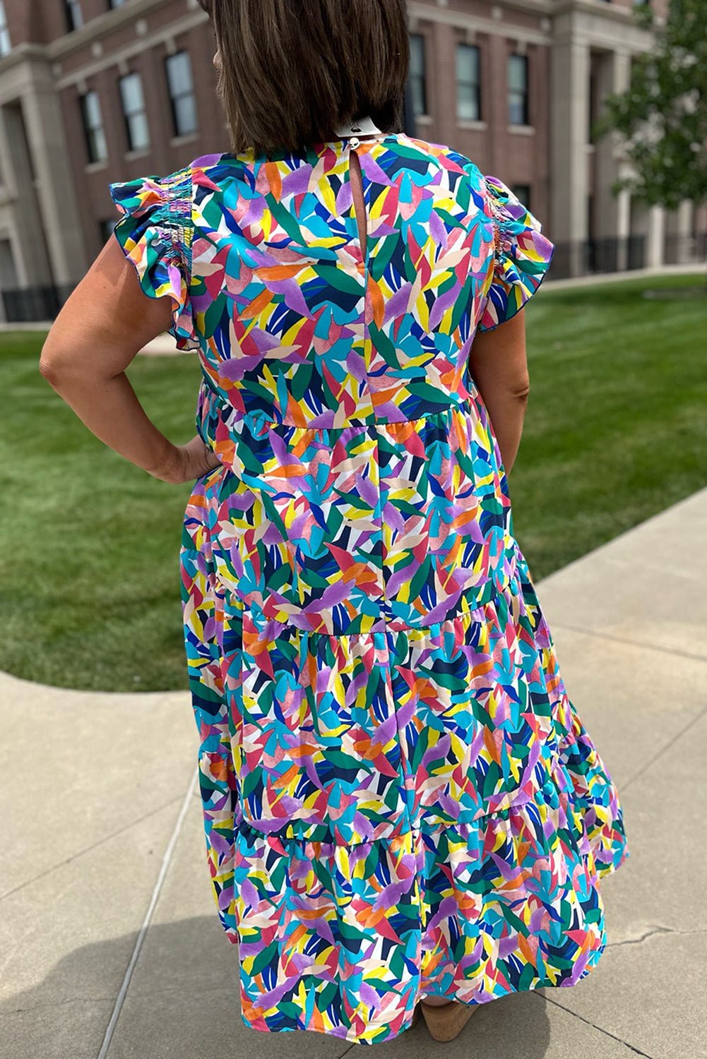 Blue Abstract Print Ruffle Sleeve Plus Size Tiered Maxi Dress - MAD RUFFI