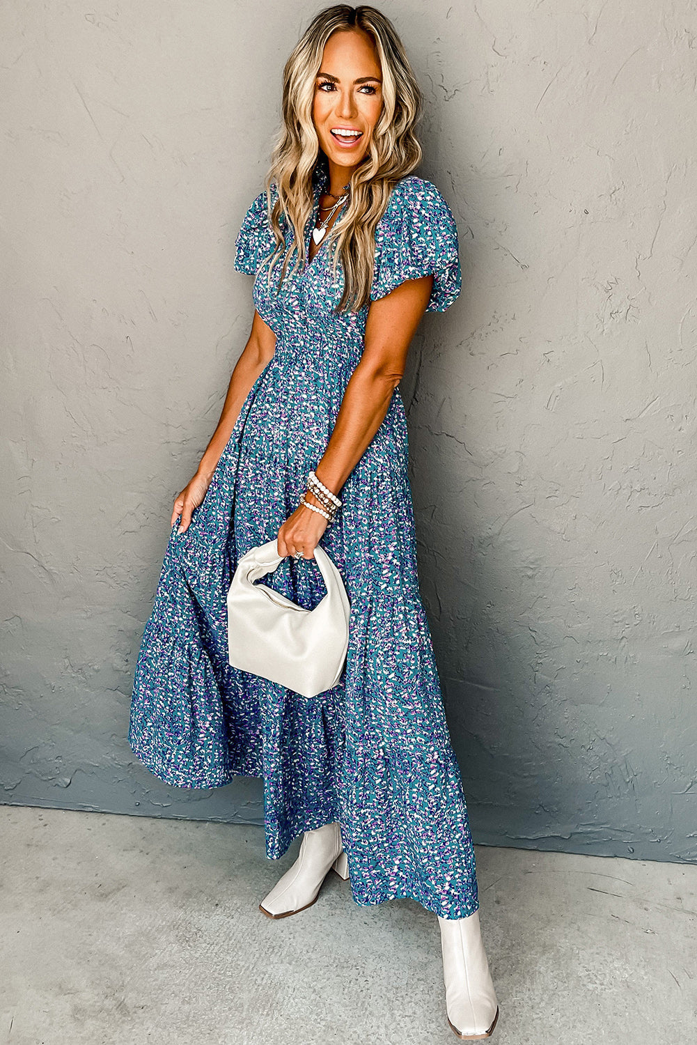 Blue Abstract Print Split V Neck Shirred High Waist Maxi Dress - MAD RUFFI