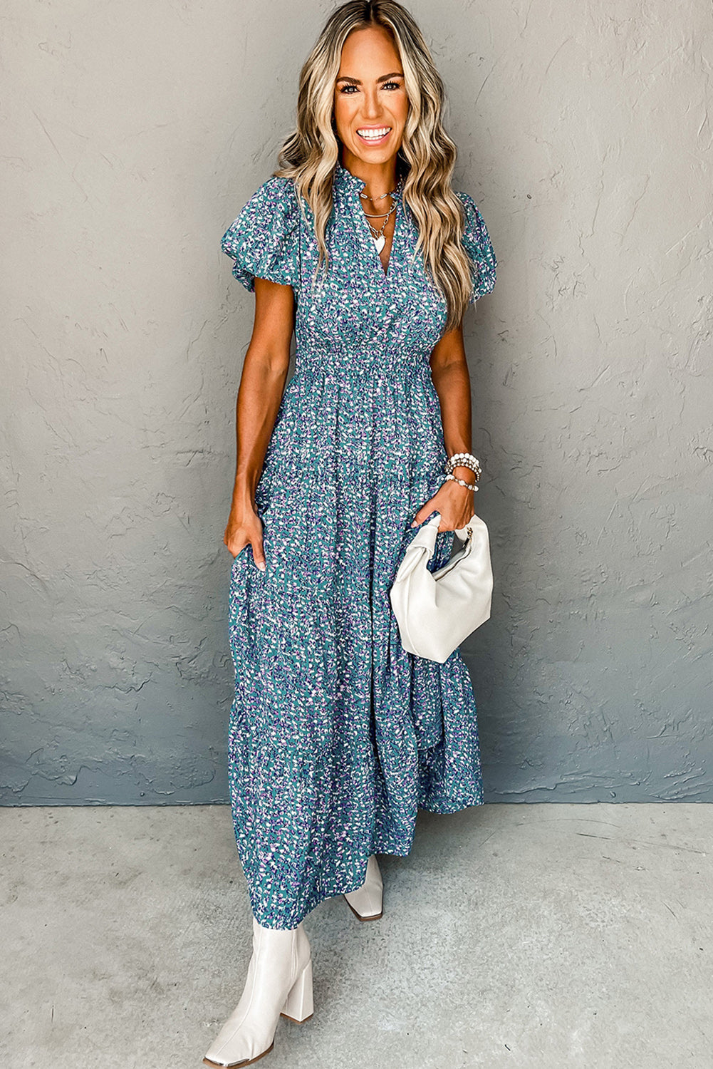 Blue Abstract Print Split V Neck Shirred High Waist Maxi Dress - MAD RUFFI