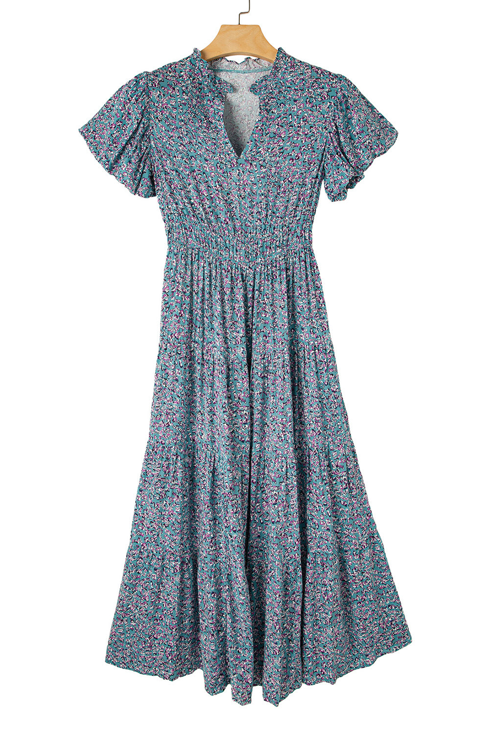 Blue Abstract Print Split V Neck Shirred High Waist Maxi Dress - MAD RUFFI