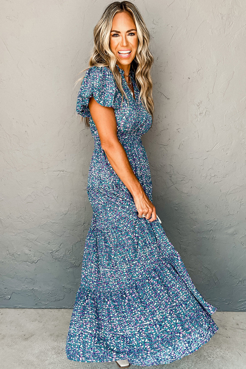 Blue Abstract Print Split V Neck Shirred High Waist Maxi Dress - MAD RUFFI