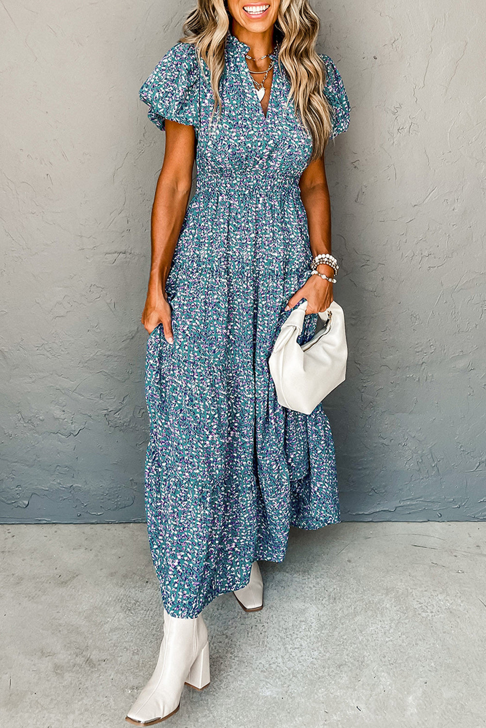 Blue Abstract Print Split V Neck Shirred High Waist Maxi Dress - MAD RUFFI