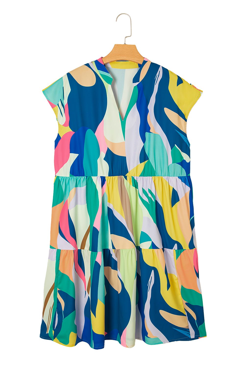 Blue Abstract Print V - Neck Short Sleeve Mini Dress - MAD RUFFI