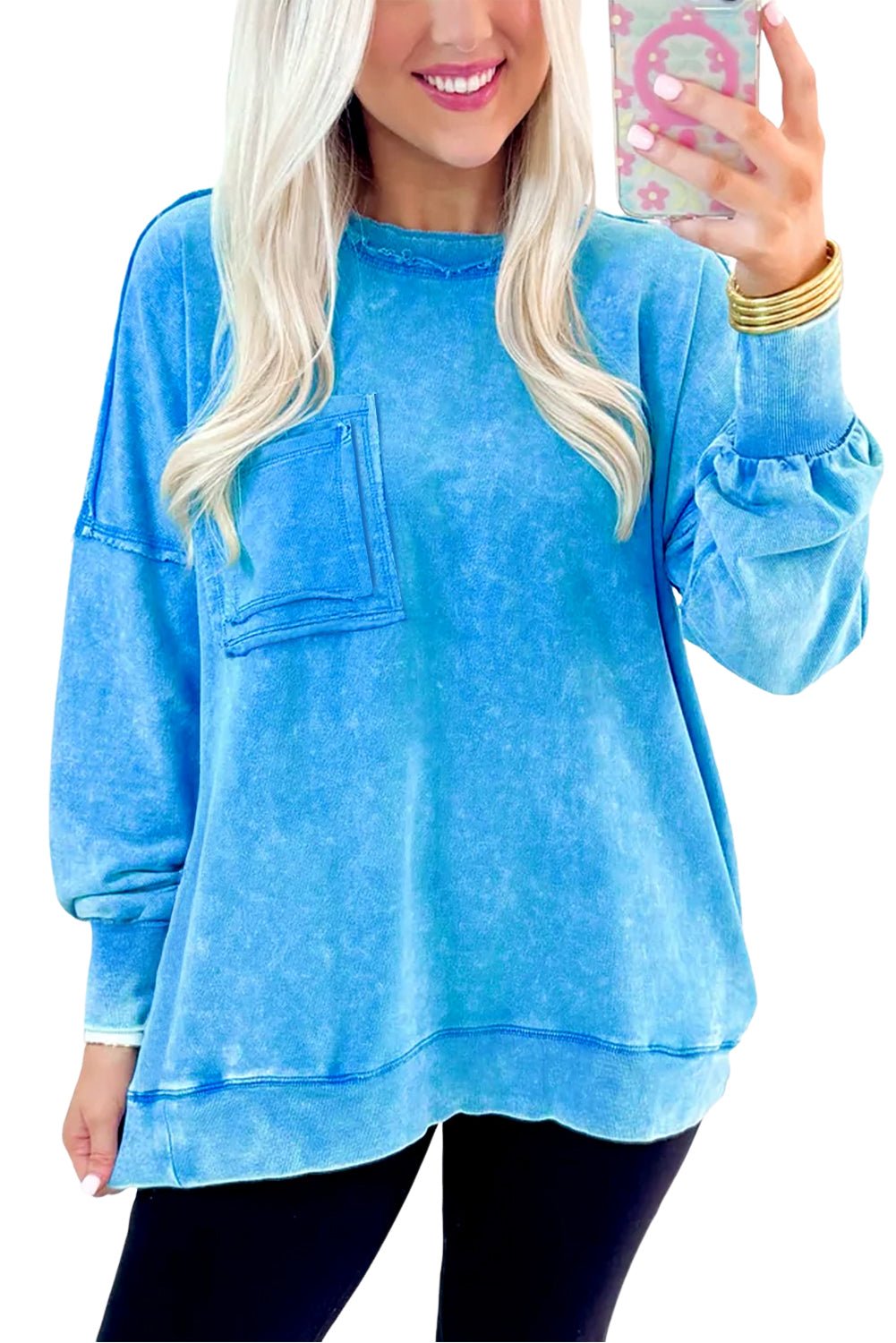 Blue Acid Washed Pocket Pullover Sweatshirt - MAD RUFFI