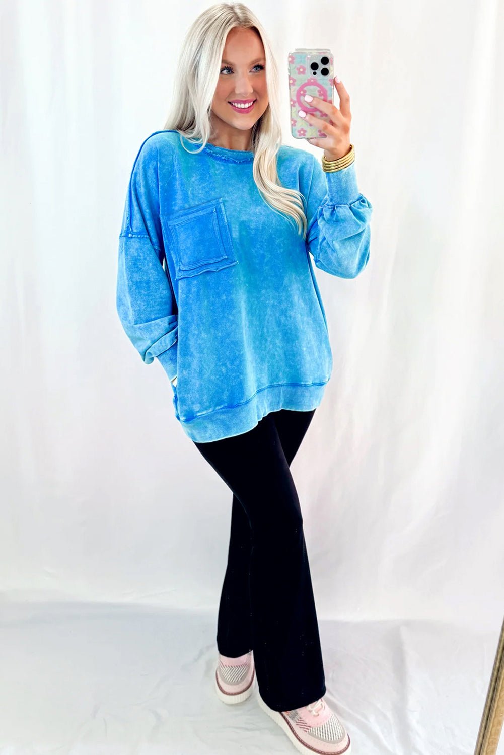 Blue Acid Washed Pocket Pullover Sweatshirt - MAD RUFFI