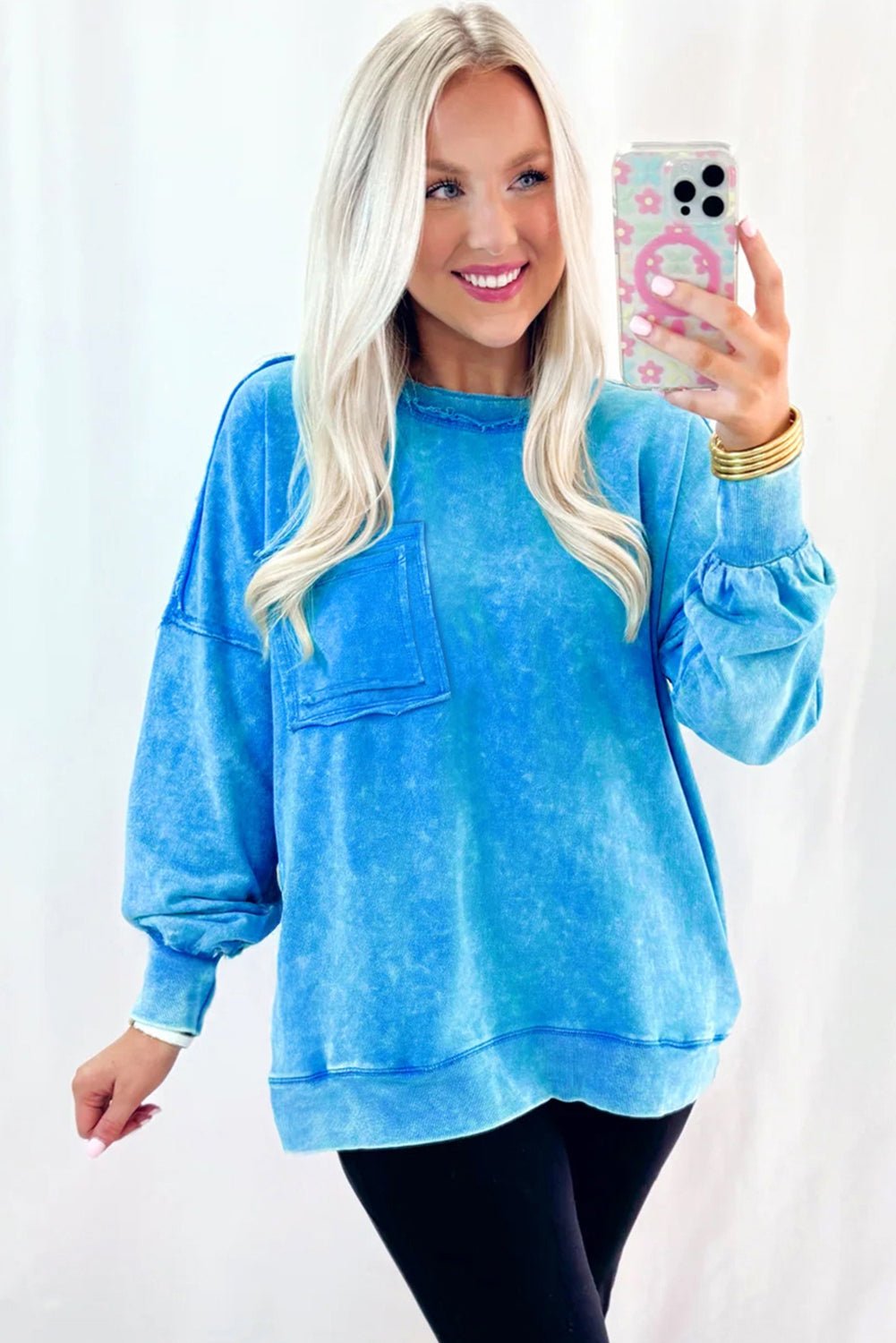 Blue Acid Washed Pocket Pullover Sweatshirt - MAD RUFFI