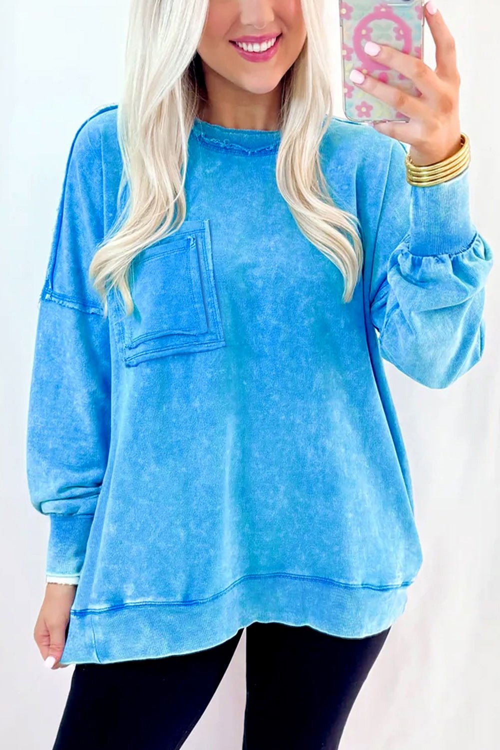 Blue Acid Washed Pocket Pullover Sweatshirt - MAD RUFFI