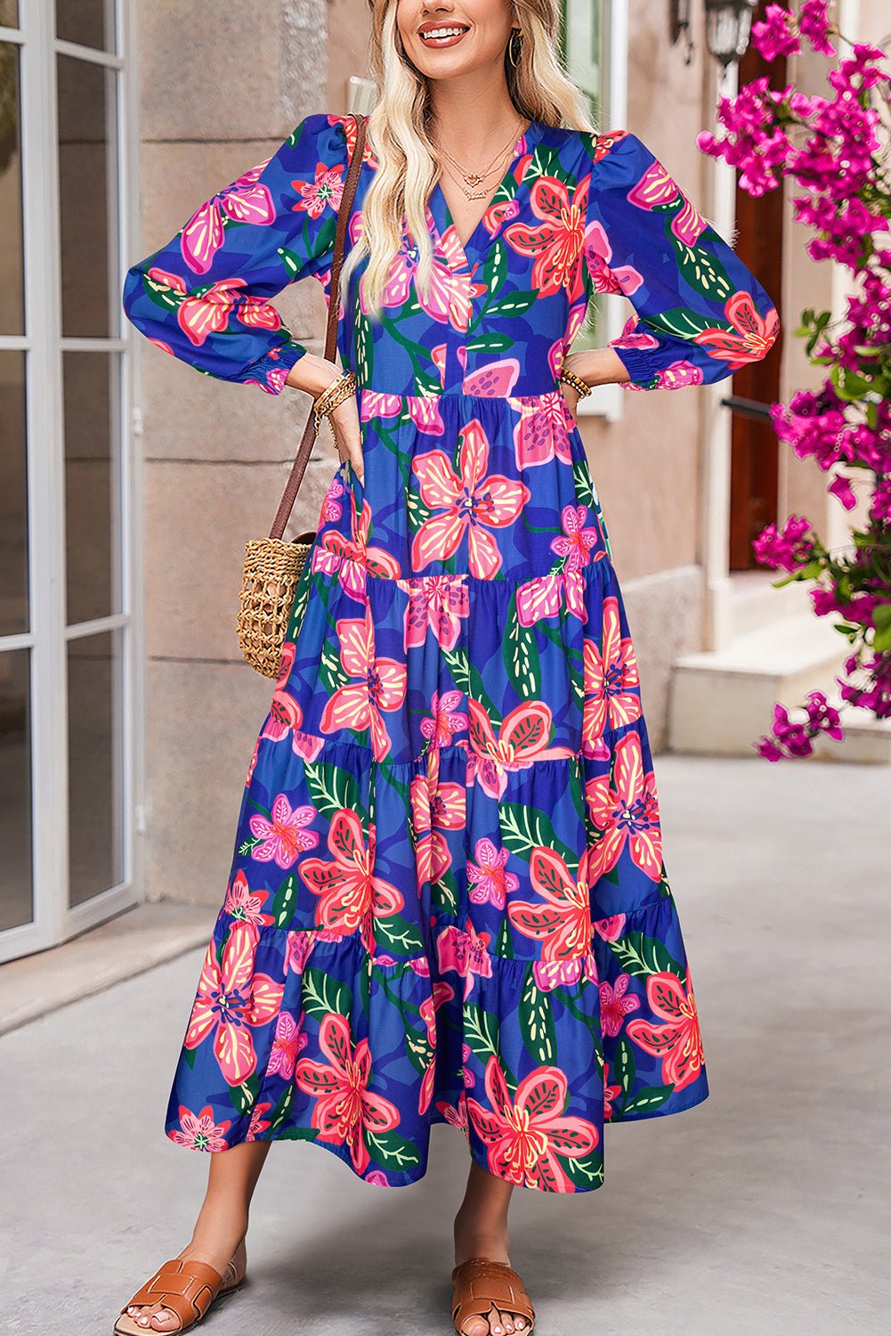 Blue Bohemian Floral Print Three Quarter Sleeve Tiered Maxi Dress - MAD RUFFI