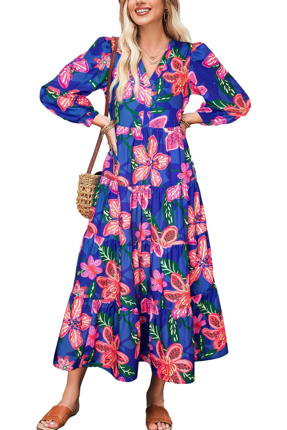 Blue Bohemian Floral Print Three Quarter Sleeve Tiered Maxi Dress - MAD RUFFI